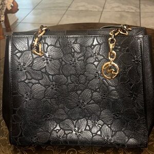Michael Kors Black Floral Shoulder Bag with Gold Accents
